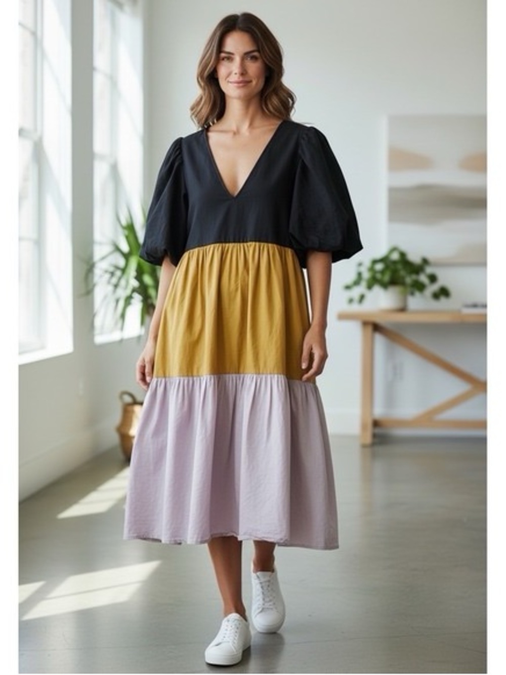 CROSBY by Mollie Burch Black, Mustard & Lilac Tiered V-Neck Midi Dress